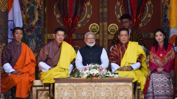 Indian Prime Minister Narendra Modi (C), Bhutan's King Jigme Khesar Namgyel Wangchuck (2L), the Fourth Druk Gyalpo (2R), Queen Jetsun Pema (R) and then prime minister Lotay Tshering (L) watch a cultural performance at the Tashichho Dzong during Modi's visit to Bhutan in 2019