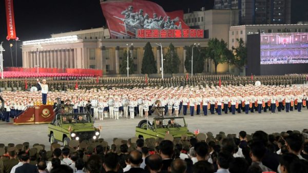Kim Il Sung Square "was full of excitement and joy of the spectators significantly celebrating the birthday of their great powerful country", KCNA reported