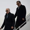 US President Joe Biden, with son Hunter Biden, disembarks from a plane in February 2023
