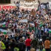 Pro-Palestinian demonstrators at Harvard on October 14, 2023