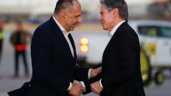 Greek Foreign Minister Giorgos Gerapetritis, left, greeted US Secretary of State Antony Blinken upon his arrival in Crete