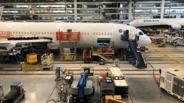 A Boeing 787 Dreamliner is seen on the assembly line in North Charleston, South Carolina