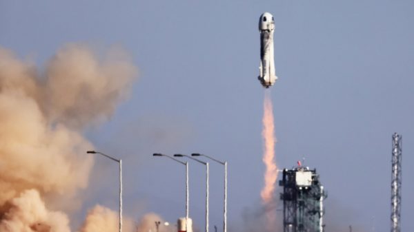 Blue Origin’s New Shepard lifts off from the launch pad carrying 90-year-old Star Trek actor William Shatner and three other civilians on October 13, 2021 near Van Horn, Texas
