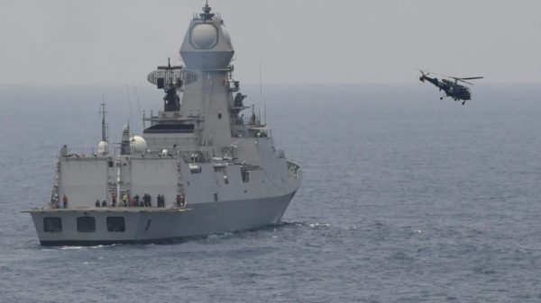 Indian warship INS Chennai seen in March 2022 off the coast of Goa