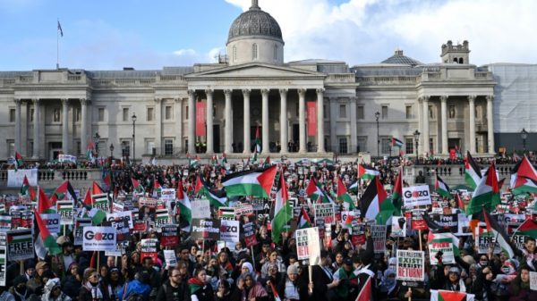 Pro-Plestinian protesters packed Trafalgar Square for the 'London Rally For Palestine'