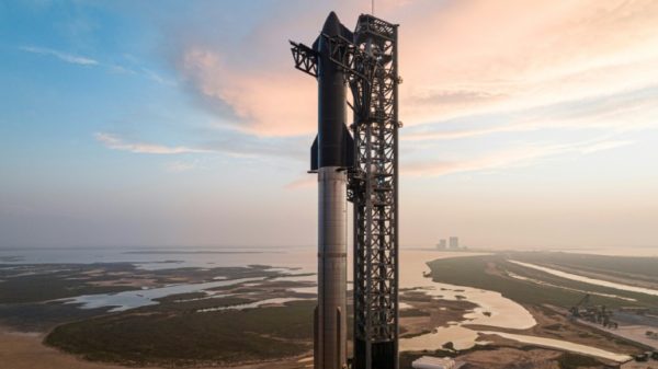The US space agency NASA has picked the gaint Starship spacecraft, pictured on the Super Heavy booster rocket at the SpaceX Starbase in Boca Chica, Texas, to ferry astronauts to the Moon in late 2025