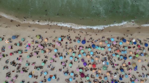 Aerial view of people sunbathing at Copacabana beach in Rio de Janeiro