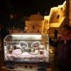 An art installation in front of the Church of the Nativity in Bethlehem depicts the baby Jesus in an incubator