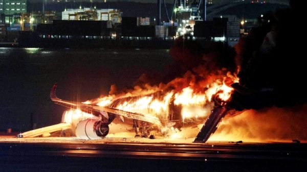 A Japan Airlines plane was in flames on the runway of Tokyo's Haneda Airport on Tuesday after apparently colliding with a coast guard aircraft