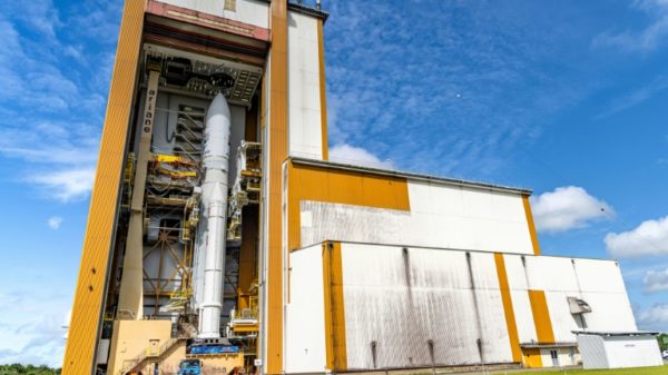 An Ariane 5 rocket ready for the launcher's final blast-off at Europe's spaceport in Kourou, French Guiana