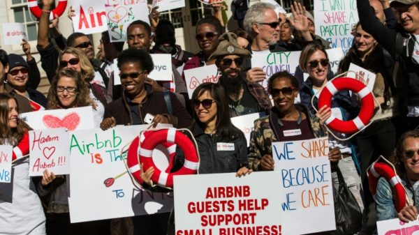 Supporters of Airbnb gather in front of New York City Hall on October 30, 2023, to protest the new legal hurdles for short-term rentals