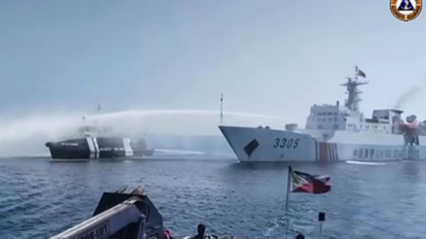 Footage from the Philippine Coast Guard shows a Chinese Coast Guard ship using a water cannon on a Philippine vessel near Scarborough Shoal
